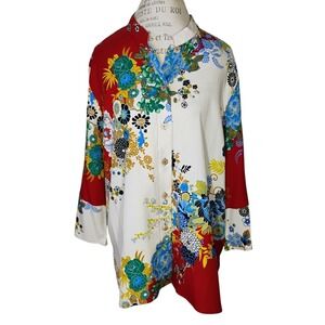 Citron Santa Monica Silk Tunic Top Womens 2X Multicolor Floral Asian Button Down